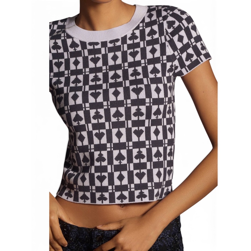 Maeve Anthropologie Black Lavender Card Suit Intarsia Knit Short Sleeve Top XS